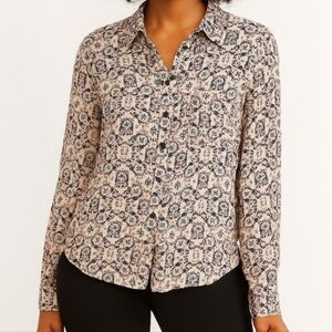 NATURAL LIFE Button Down Long Sleeve Rayon Shirt in Cream Floral Size S